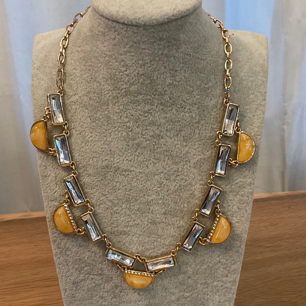 Avon Vintage Geometric Statement Necklace Gold Tone Amber Clear Crystal Art Deco